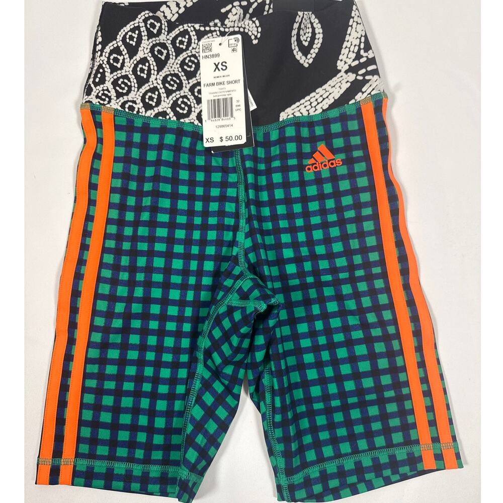 Adidas x FARM Rio High Rise Biker Shorts Colorful Check Print Womens XS NWT